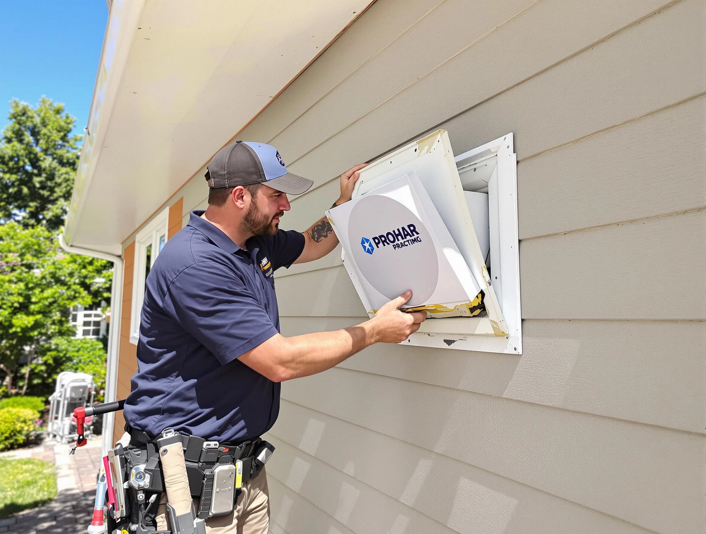 Brook Highland Dryer Vent Cleaning technician installing a new protective dryer vent cover on a home in Brook Highland