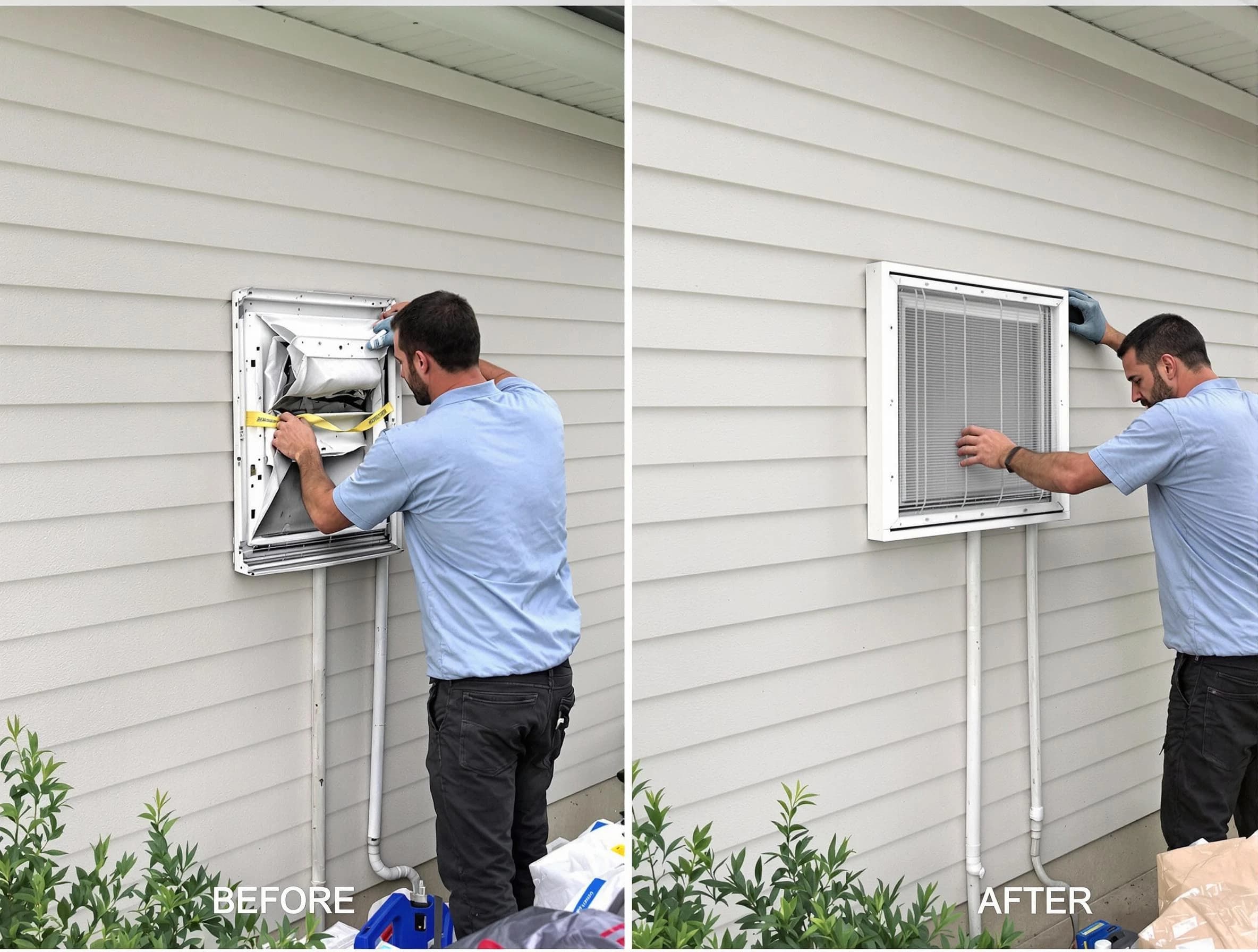 Brook Highland Dryer Vent Cleaning technician installing high-quality dryer vent cover at a residential property in Brook Highland