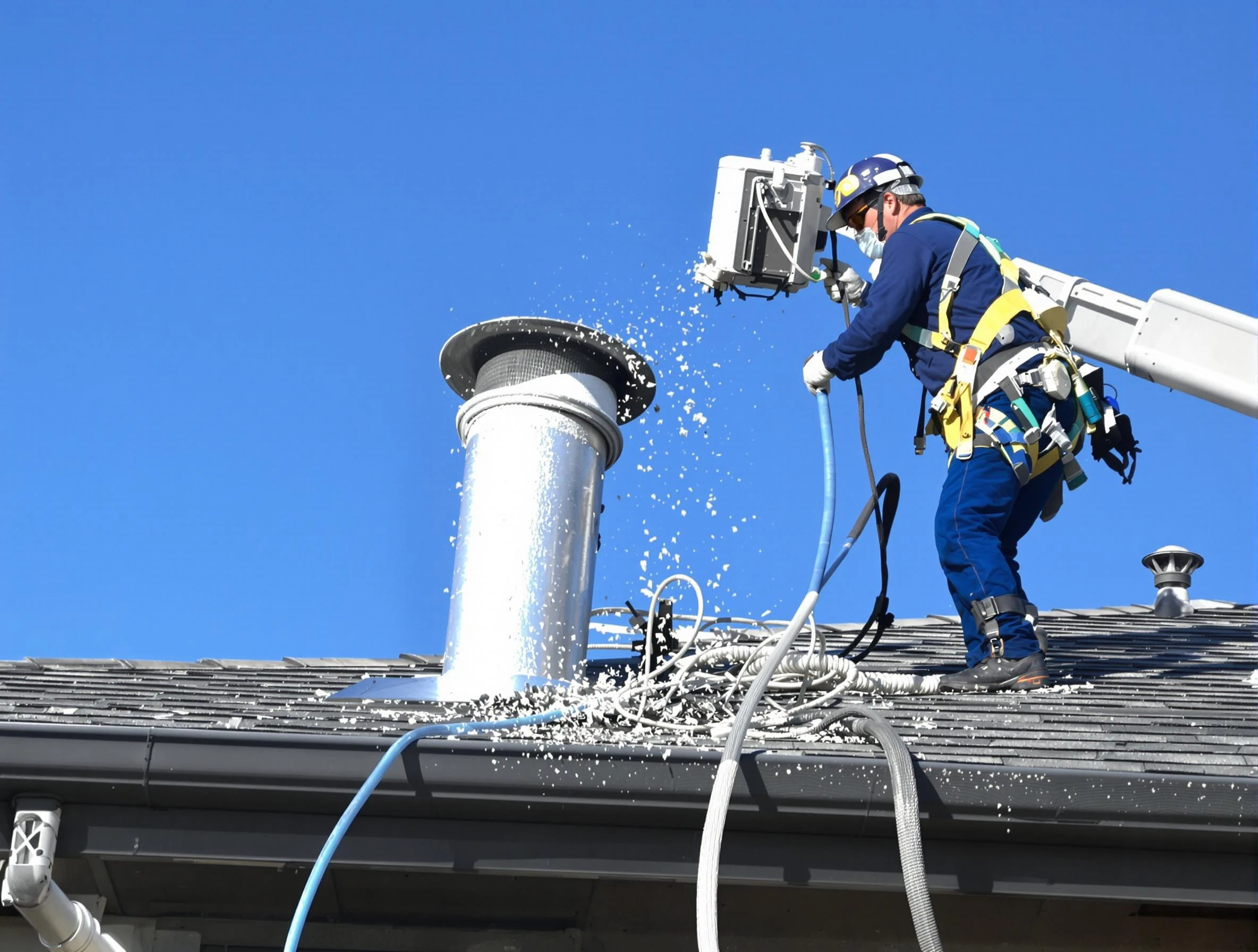 Brook Highland Dryer Vent Cleaning certified technician safely cleaning a roof-mounted dryer vent in Brook Highland